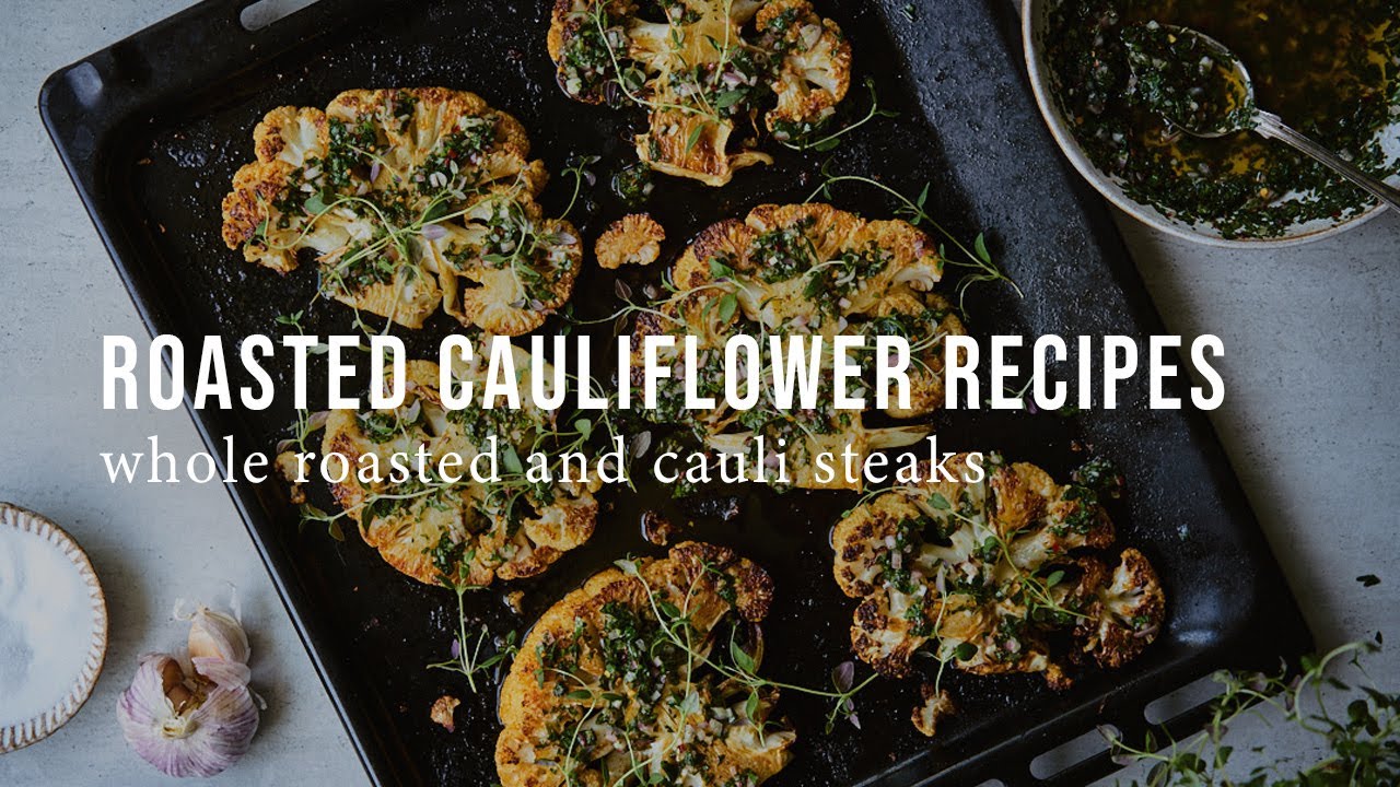 image Roasted cauliflower prepared two ways with yoghurt-turmeric and chimichurri sauces