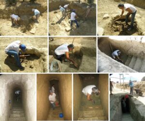 feature antigoni digging out the earth that has covered the steps