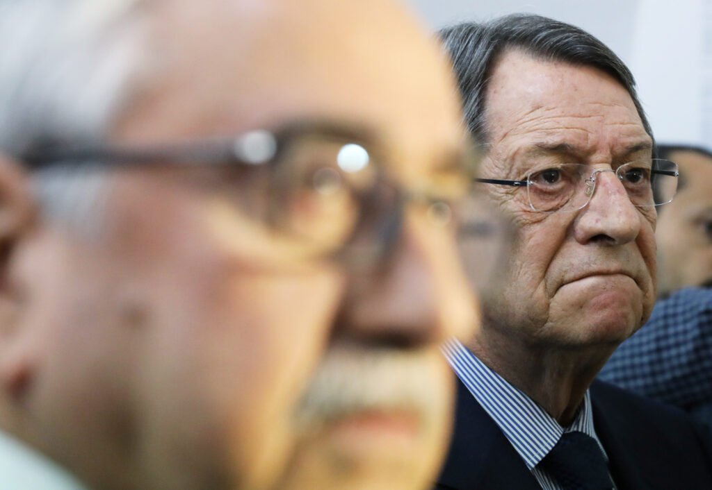 cypriot president nicos anastasiades and turkish cypriot leader mustafa akinci are seen during the opening of a bicommunal art exhibition of returned paintings and audio visual recordings in un buffer zone at ledra palace in nicosia