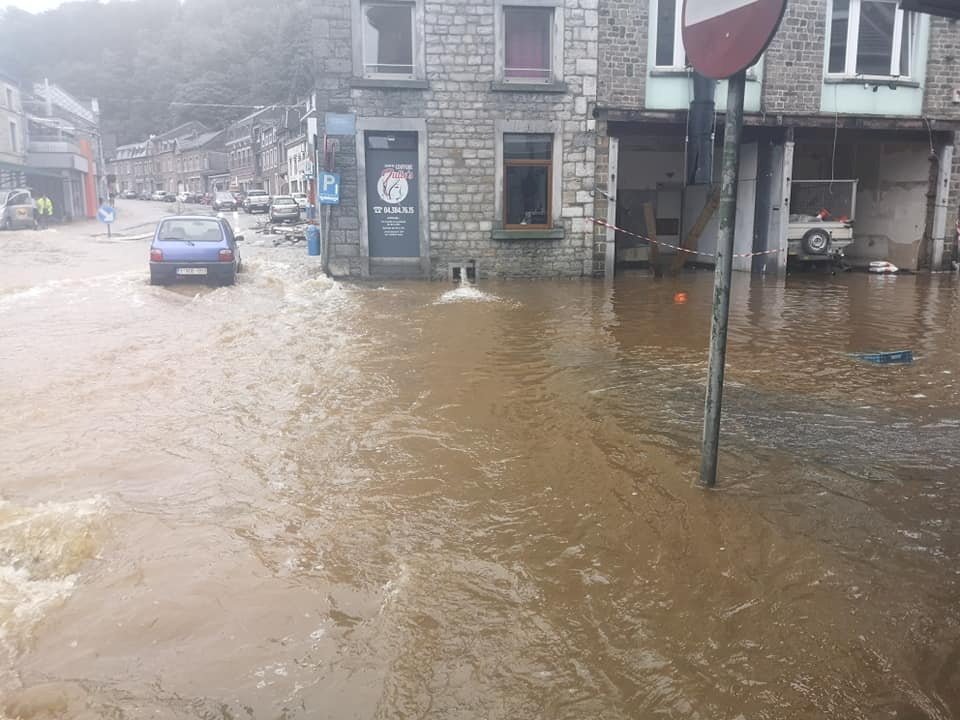 a flooded area is seen in remouchamps, liege, belgium