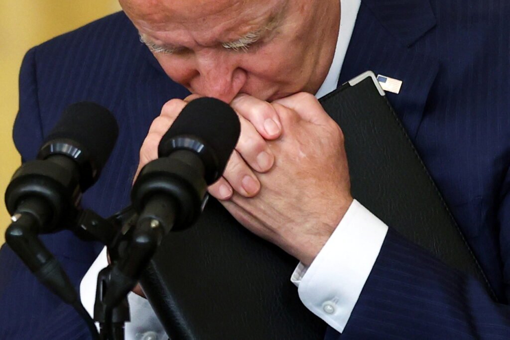 u.s. president joe biden listens to a reporter’s question after remarks on the bombings in afghanistan, at the white house in washington