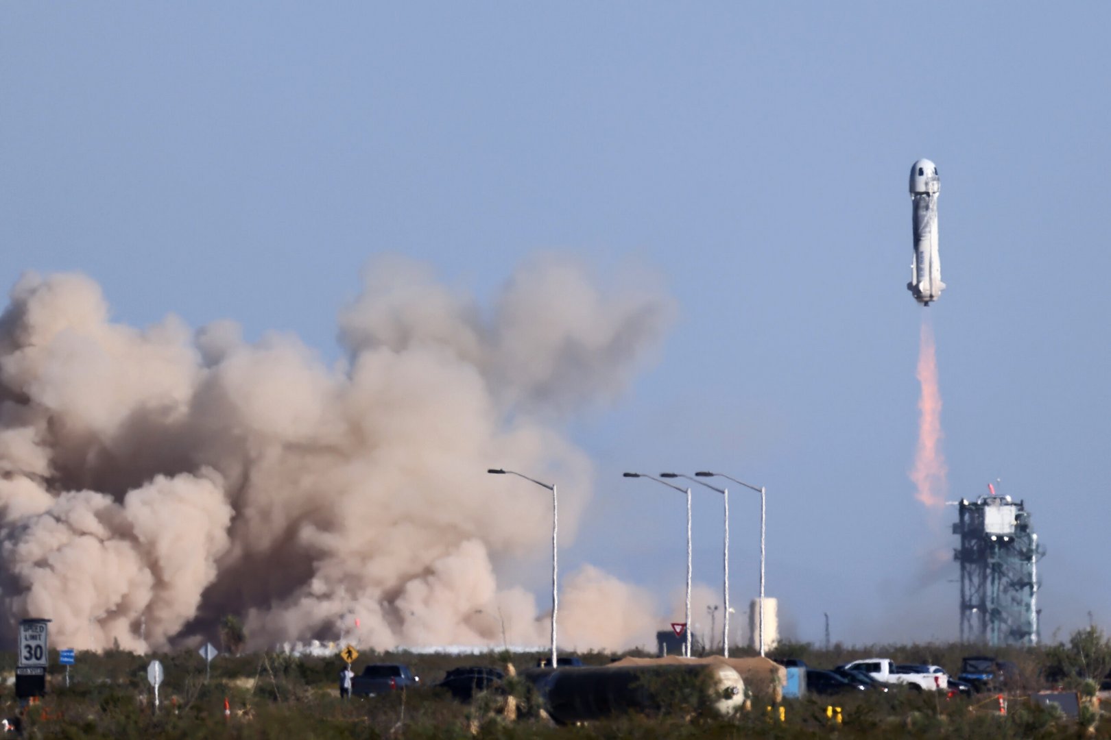 blue origin new shepard rocket blasts off carrying star trek actor william shatner on suborbital flight