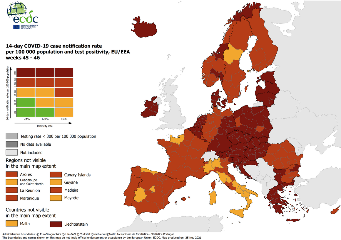 image ECDC epidemiological map shows almost all of EU in red or dark red zone