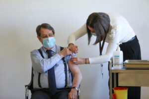 cypriot president nicos anastasiades receives the second dose of the pfizer biontech coronavirus disease (covid 19) vaccine at the health centre of latsia in the capital nicosia