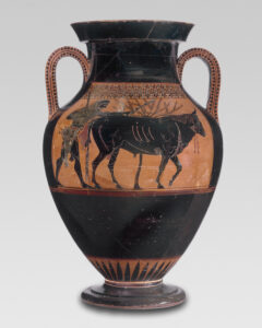 14 two handled jar (amphora) with herakles driving a bull to sacrifice