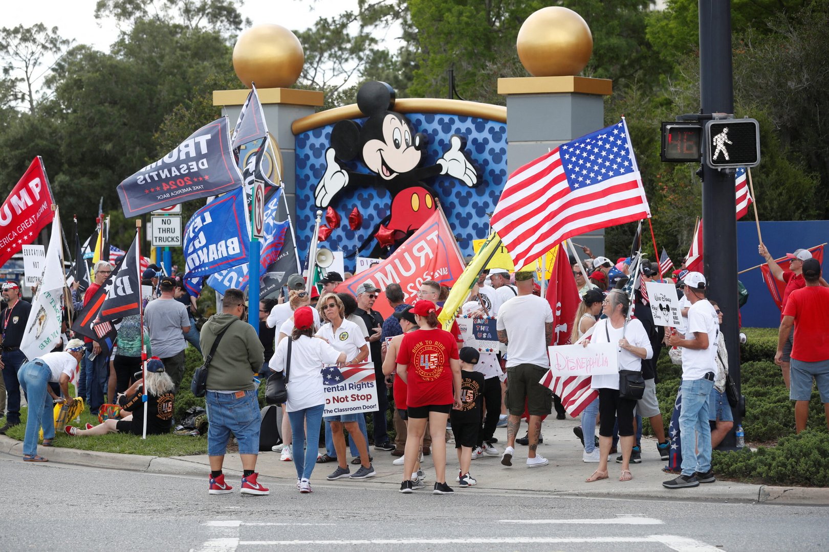 supporters of florida's republican backed "don't say gay" bill gather outside walt disney world