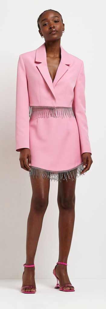 pink sequin fringe cropped blazer and fringed mini skirt from river island