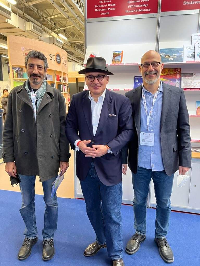 feature agnieszka metin murat, his editor kris konnaris on the left and his armida publisher haris ioannides on the right