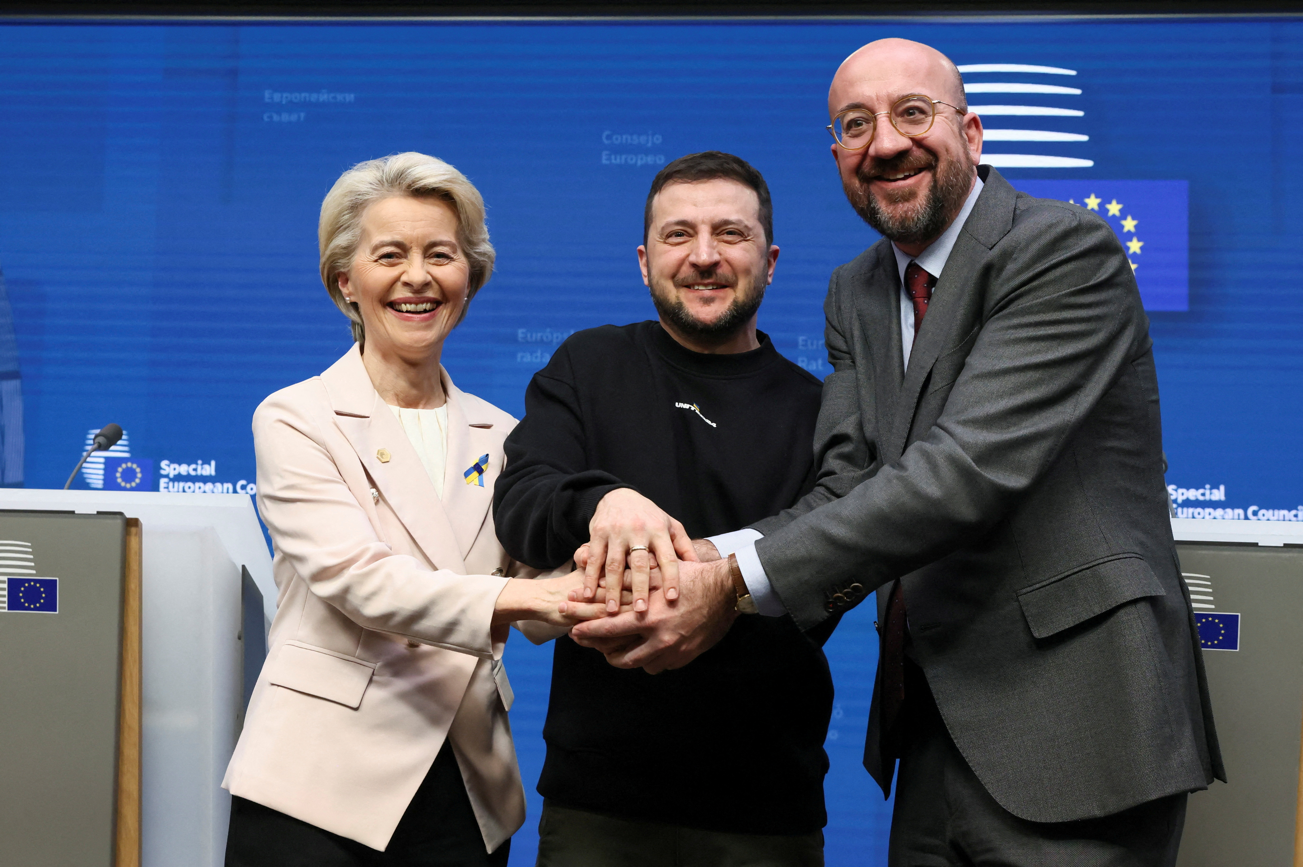 image Zelenskiy hopes for EU jets, gets standing ovation in Brussels
