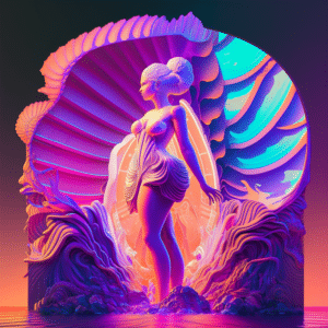 feature3 aphrodite rising from the waves into a cyberpunk future