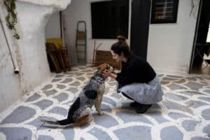 eirini baliaka pets her dog at her home, in athens