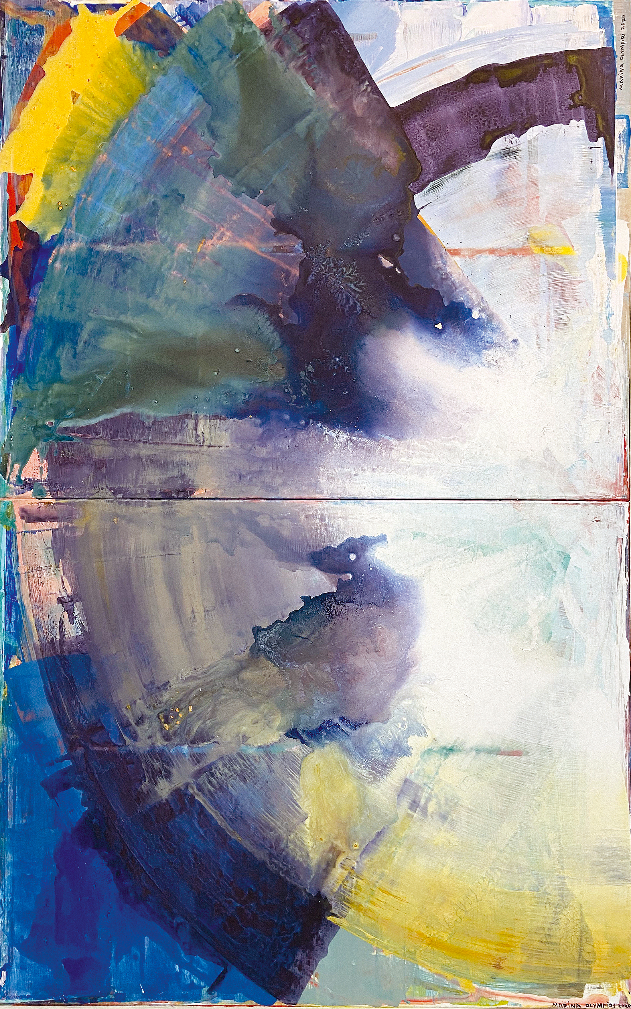 a satellite across the emptiness, mineral colours on canvas, 163 x 103 cm