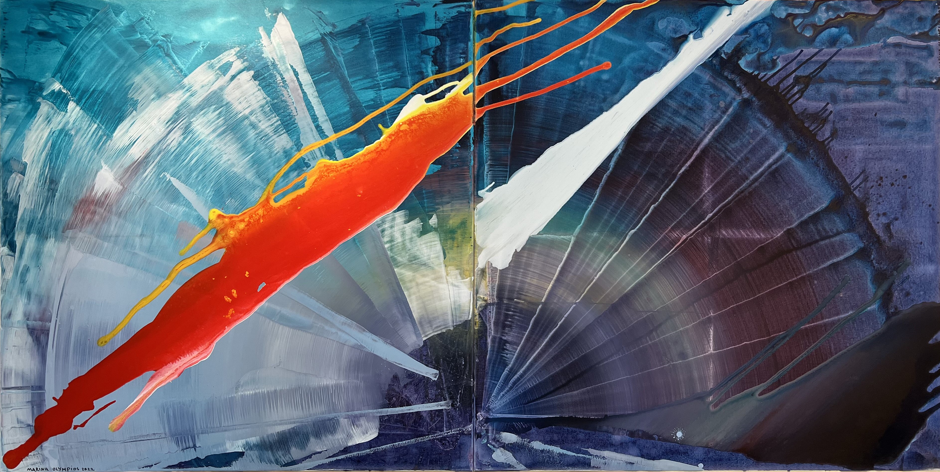 a tender heart is always flying, mineral colours on canvas, 102 x 203 cm