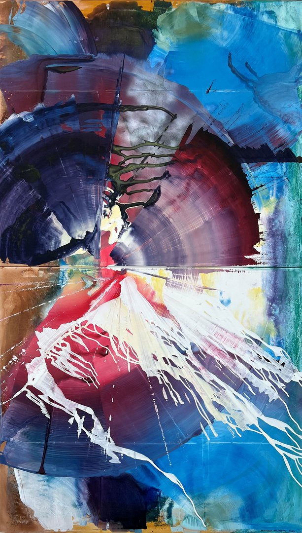 woman holding the world, mineral colours on canvas, 245 x 140 cm