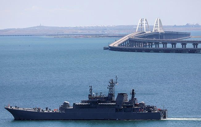 image Russian tanker hit by sea drone near Crimea Bridge