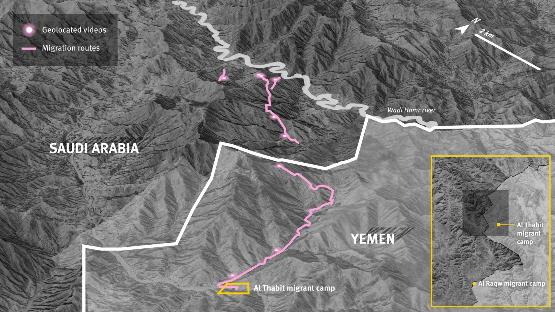 3d model shows the migration route from the migrant camp of al thabit in saada governorate, of yemen into saudi arabia