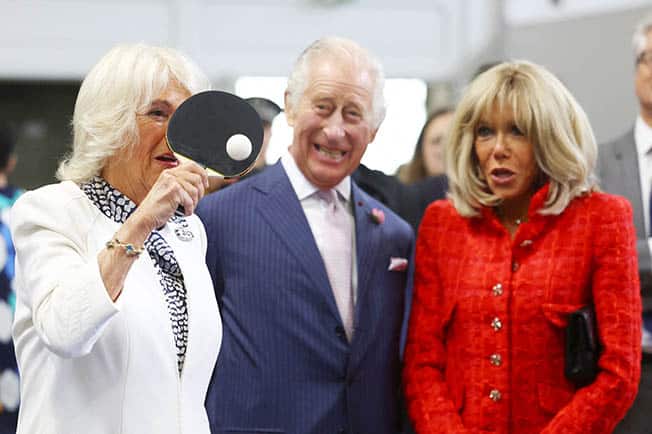 image Queen Camilla, Brigitte Macron play table tennis amid state visit