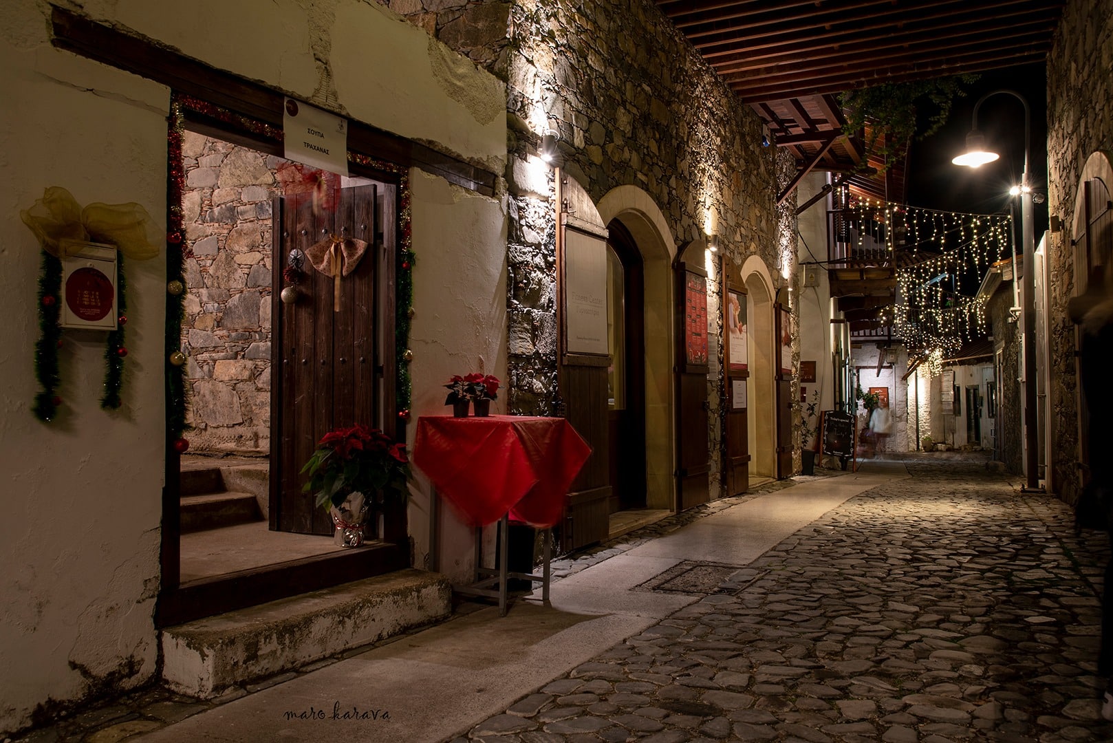 the winding streets in kalopanayiotis lit up for christmas