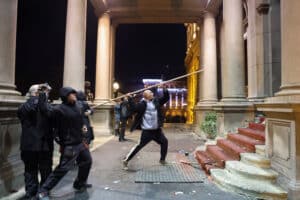 supporters of the opposition spn coalition protest in belgrade