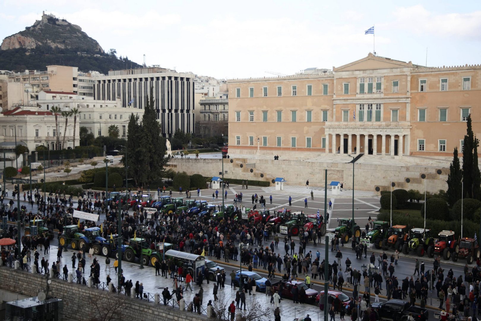 greek farmers hold protest rally with tractors