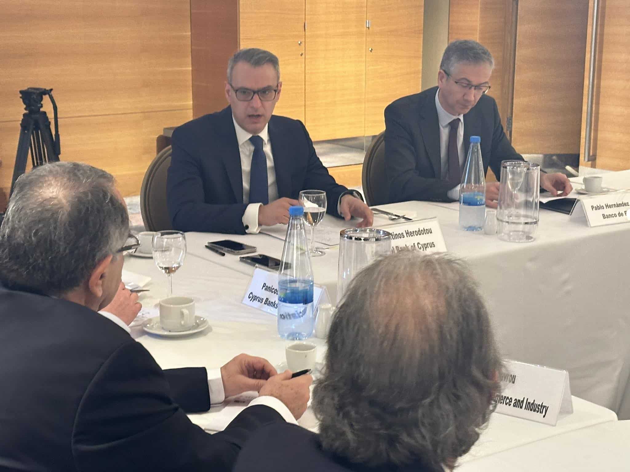 Central Bank of Cyprus (CBC) governor Constantinos Herodotou with Bank of Spain governor Pablo Hernández de Cos (credit Christos Theodorides)