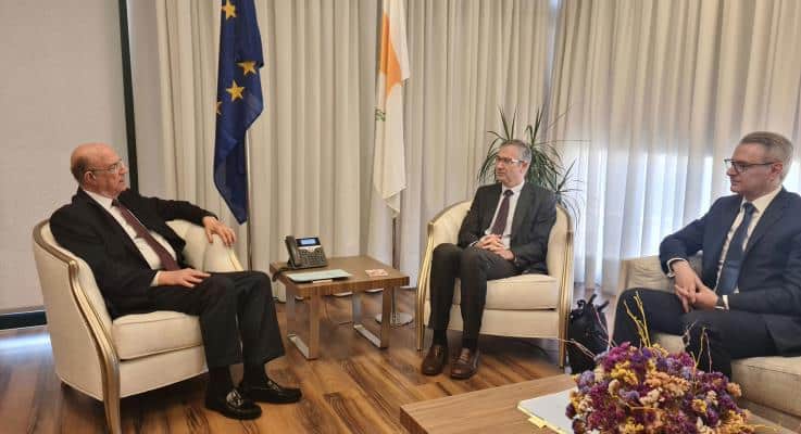 Finance Minister Makis Keravnos with Central Bank of Cyprus (CBC) governor Constantinos Herodotou and Bank of Spain governor Pablo Hernández de Cos