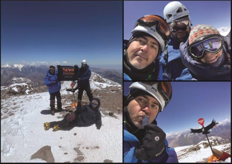feature jon alexis economides, trevor jones and evgenia constantinou on the summit of mount aconcagua last year
