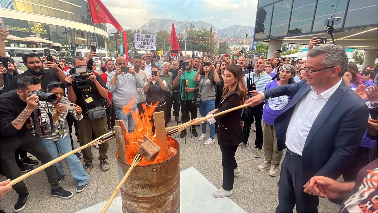 image Erhurman lights fire in Kyrenia as protests against north hijab law continue
