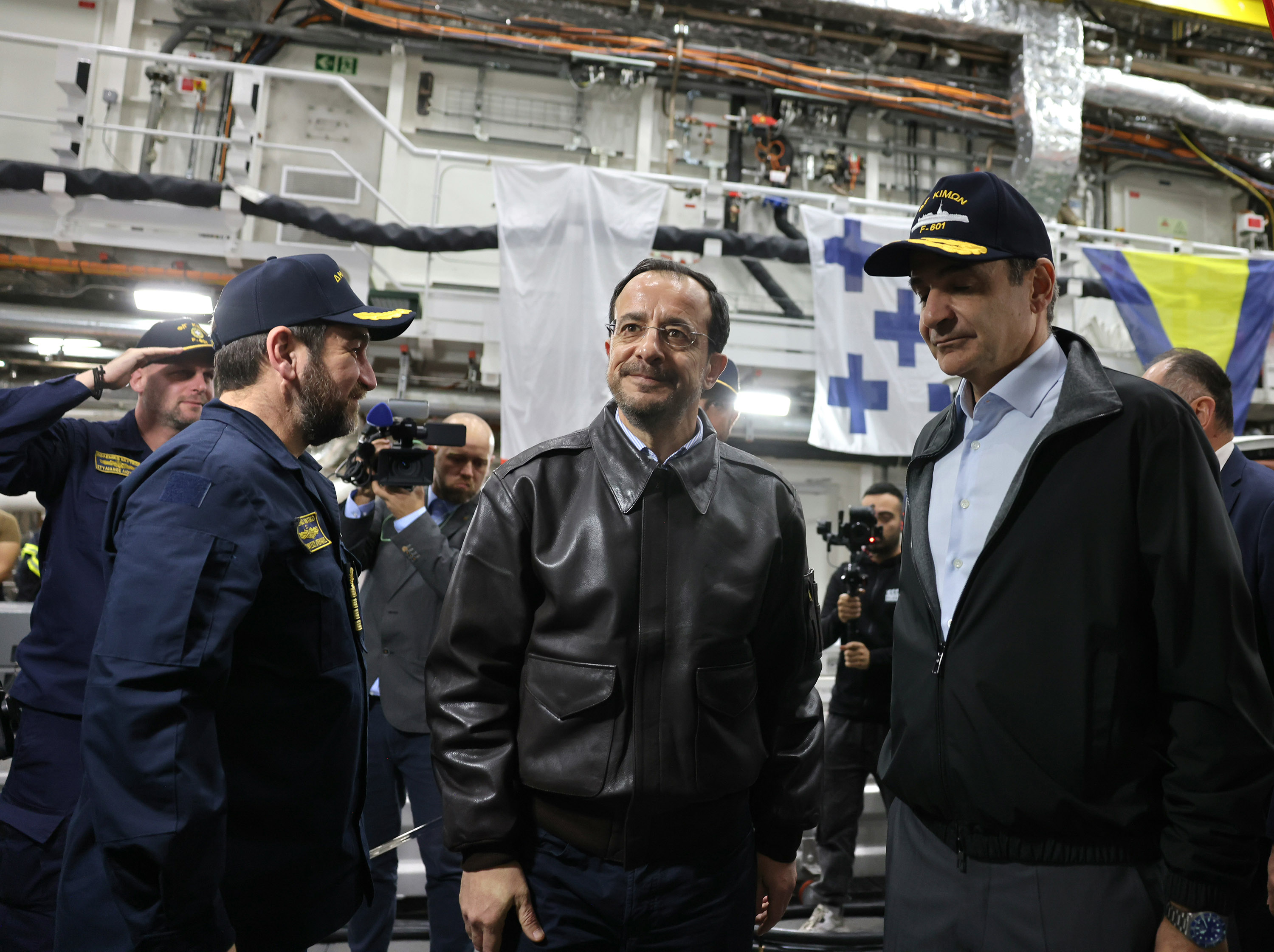 cover Christodoulides, Mitsotakis visit Greek frigate off Cyprus coast