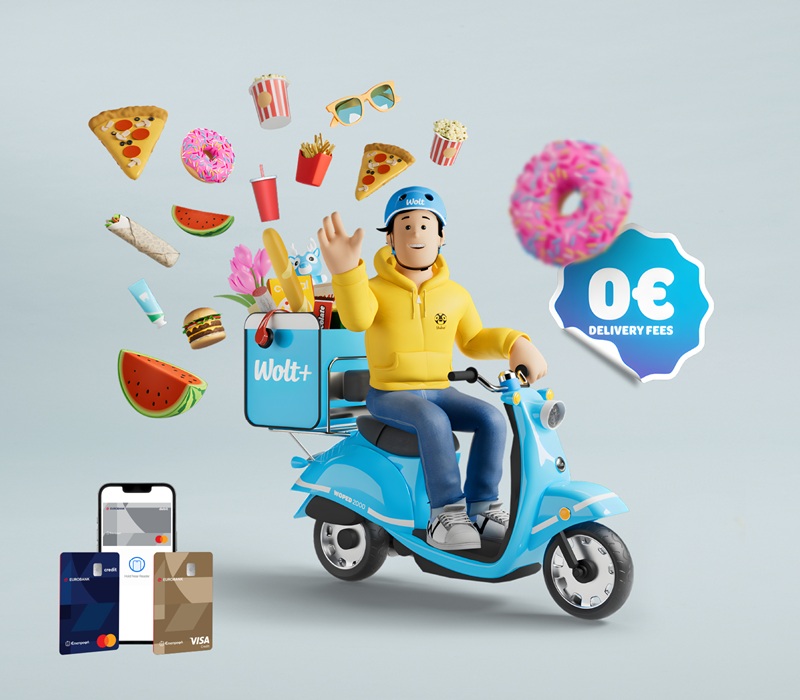 cover Eurobank card-holders get 6 months free Wolt+, €pistrofi rewards on every order